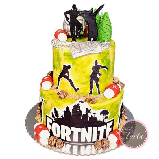 dt1887-Zeleno zuta spratna Fortnite torta sa siluetama