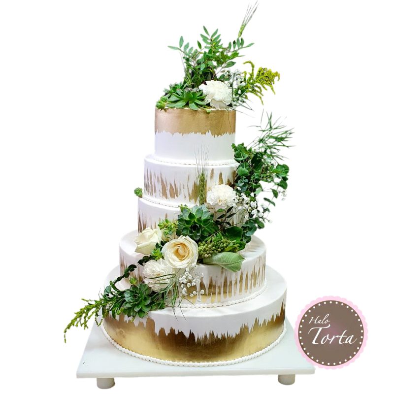 st1855-Svadbena torta sa svezim cvecem i zlatnim detaljima